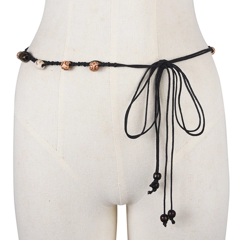Bohemian Ethnic Woven Waist Chain For Women Retro Beaded Slim Waist Rope For Dress Handmade Linen Braided Belt Accessory