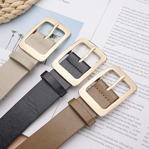 Women Fashion PU Leather Belt With Rectangular Gold Alloy Buckle Versatile Casual Waistband For Jeans Dresses Ladies Accessory