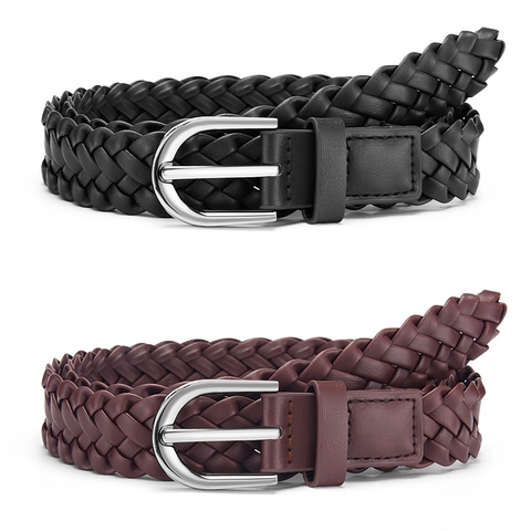 Vintage Hand Woven Braided PU Leather Belt For Women Men Retro Pin Buckle Thin Waist Belt For Jeans Casual Fashion Gift