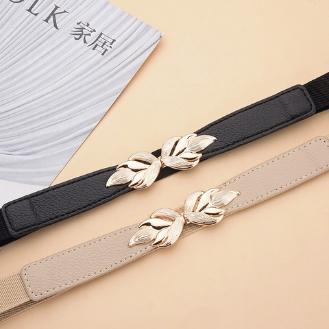 Ceinture Élastique pour Femmes Boucle Feuille Dorée Cuir PU Mince Bande Extensible pour Robes Pulls Accessoire de Mode