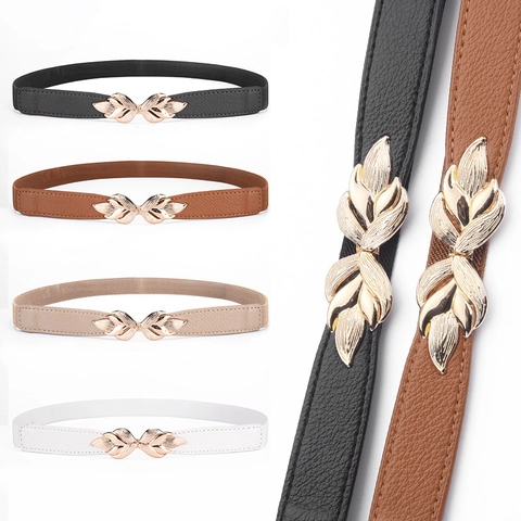 Ceinture Élastique pour Femmes Boucle Feuille Dorée Cuir PU Mince Bande Extensible pour Robes Pulls Accessoire de Mode