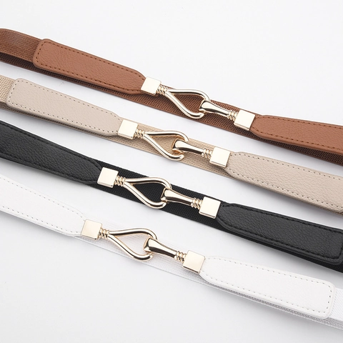Women Elastic Waist Belt PU Leather Skinny Corset Belt Gold Interlocking Buckle Decorative Waistband For Dresses