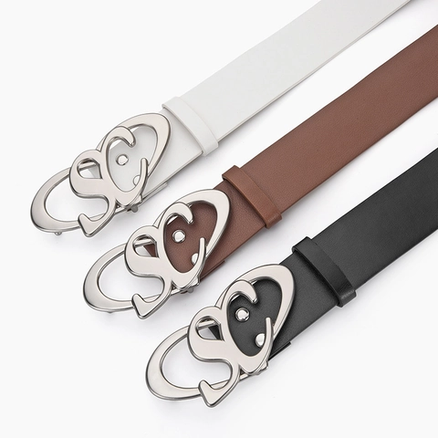 Cintura in Pelle PU alla Moda da Donna Con Fibbia in Lega a Cuore Logo SC Stile Punk Cinturino Versatile per Decorazioni Quotidiane