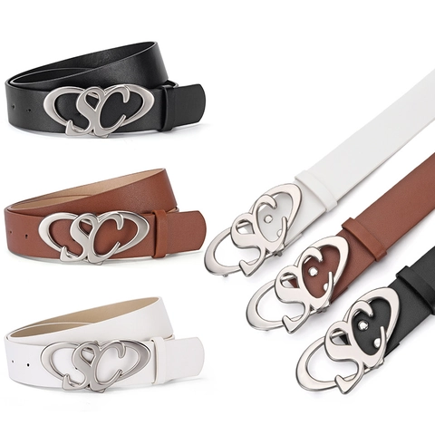 Cintura in Pelle PU alla Moda da Donna Con Fibbia in Lega a Cuore Logo SC Stile Punk Cinturino Versatile per Decorazioni Quotidiane