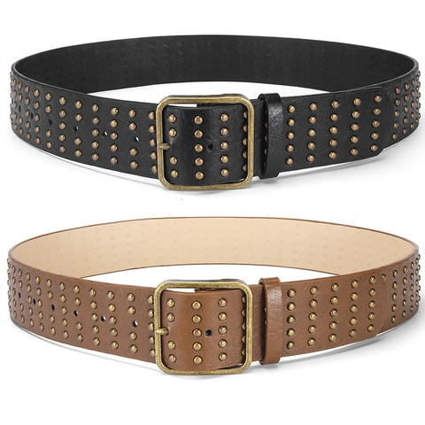 Cintura Larga Punk Vintage da Donna in Pelle PU con File Multiple di Borchie e Fibbia in Lega Accessorio Moda Streetwear