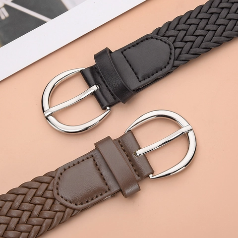 Women's Vintage Woven PU Belt Versatile Braided Waist Strap With Silver Alloy Needle Buckle For Jeans Dresses Casual Accessory