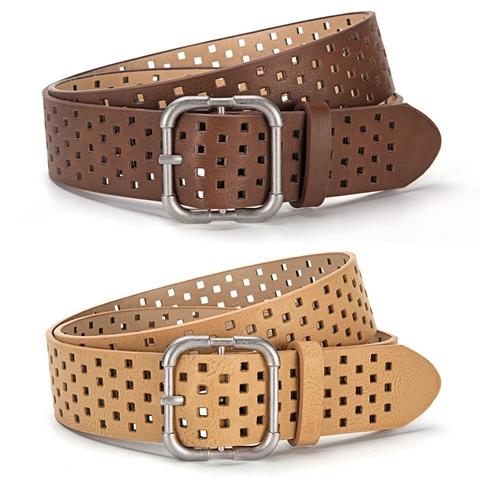 Dames Vintage Streetwear PU Leren Riem Vierkante Gesp Opengewerkt Ontwerp Veelzijdige Tailleriem Retro Mode Accessoire