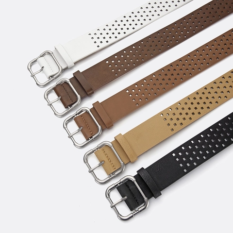 Dames Vintage Streetwear PU Leren Riem Vierkante Gesp Opengewerkt Ontwerp Veelzijdige Tailleriem Retro Mode Accessoire
