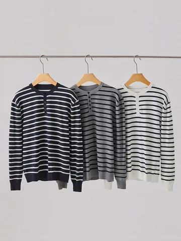 Heren Casual Gestreepte Henley Hals Gebreide Trui Lange Mouw Contrastkleur Patchwork Pullover Top Mode Streetwear