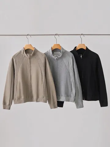 Men Casual Sporty Zip Up Stand Collar Sweatshirt Jacket Cotton Blend Splicing Solid Color Long Sleeve Loose Outerwear Top