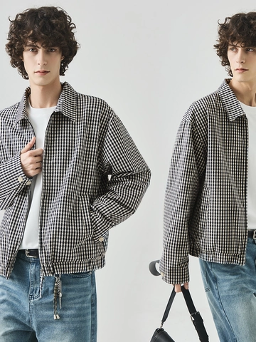 Heren Casual Plaid Jas Ruime Pasvorm Gingham Patroon Rits Revers Kraag Lange Mouw Mantel Polyester Katoen Mix Outwear