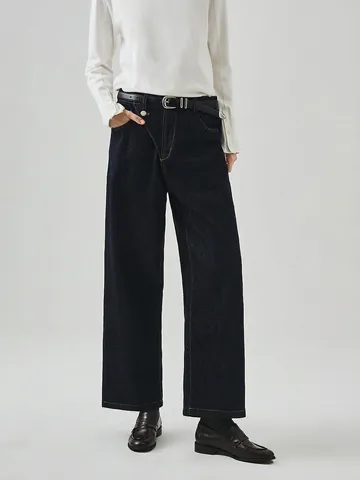 Damen Retro Denim Baumwolle High Waist Weites Bein Jeans Streetwear Locker Schlankmachend Curved Design Kontrastnähte Lange Hose