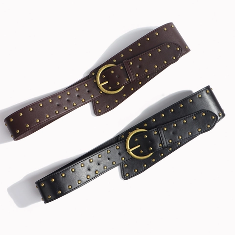 Cintura Larga in Pelle PU Vintage da Donna Con Fibbia Rotonda in Lega Borchiata Punk Bohemian per Accessori Pantaloni Vestiti