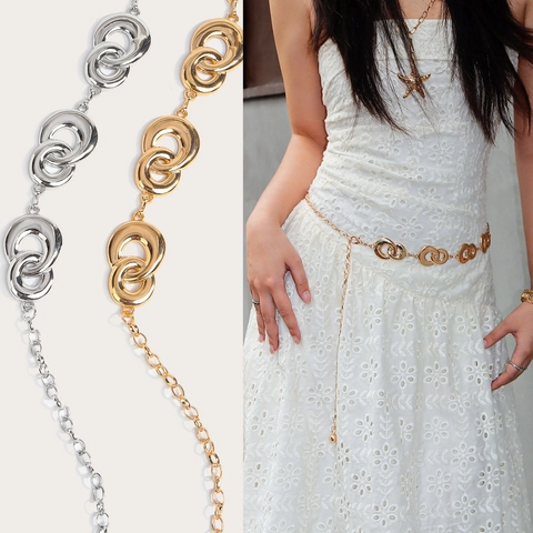 French Elegant Metal Waist Chain For Women Interlocking Rings Adjustable Dress Belt Gold Silver Plated Jewelry Accessory