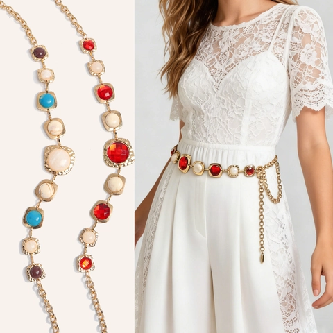 Chaîne de Taille Vintage en Alliage de Zinc Or avec Strass pour Femmes Ceinture Géométrique Élégante pour Robes Pantalons