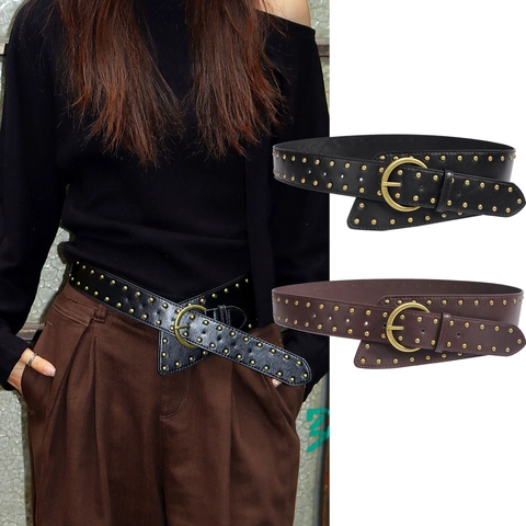 Cintura Larga in Pelle PU Vintage da Donna Con Fibbia Rotonda in Lega Borchiata Punk Bohemian per Accessori Pantaloni Vestiti