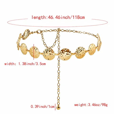 Cintura da Donna alla Moda con Catena a Dischi in Metallo Martellato Regolabile per Abiti Lusso Bohemienne Oro Argento
