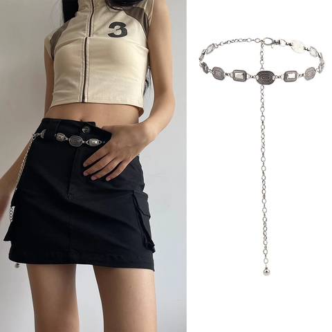 Cintura a Catena in Metallo Vintage per Donna Y2K Maglie Geometriche Catena da Ventre Regolabile Gioielli per Abiti Accessorio