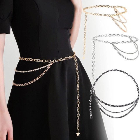 Women's Elegant Alloy Metal Waist Chain Belt Multi-layer Rhinestone Body Chain With Star Pendant Fashion Dress Accessories