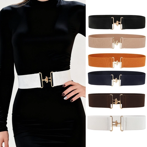 Damen Mode Elastischer Breiter Gürtel Hohe Taille Mieder Mit Gold Legierung Schnalle Vielseitiges Accessoire Für Kleid Anzug Mantel