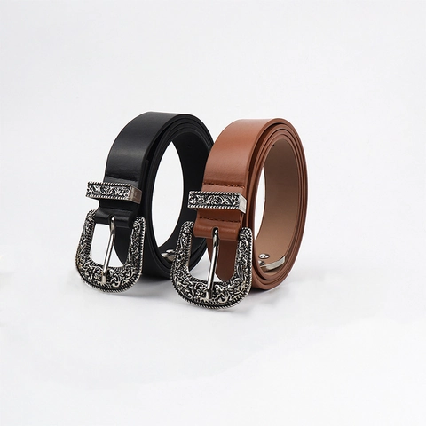 Cintura da Donna Retro Western Cowboy Fibbia in Lega Intagliata Stile Boho in Pelle PU per Jeans Abiti Nero Cammello