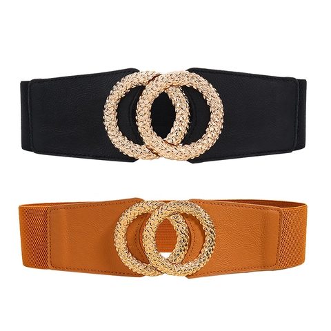 Dames Elegante Brede Elastische Tailleriem Met Gouden Geometrische In elkaar grijpende Ronde Metalen Gesp Effen Kleur Accessoire