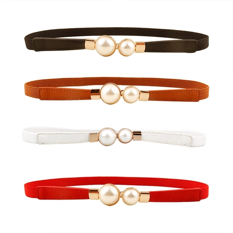 Ceinture Élastique Mince Femme Élégante avec Décoration en Perle Artificielle Boucle en Alliage Ceintures en Cuir PU pour Robe Blazer