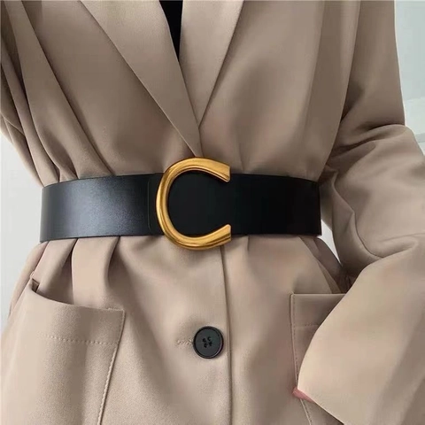 Moda Donna Cintura Larga in Pelle PU Vintage Fibbia a C in Metallo Dorato Cintura Decorativa Corsetto per Jeans Vestito