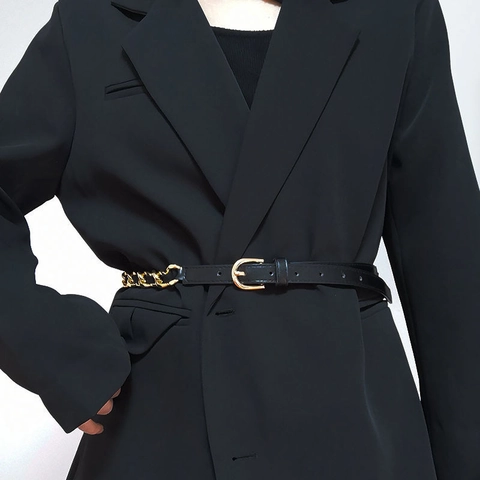 Damen Mode PU Leder Dünner Gürtel Gold Metallkette Dekoration Dornschließe Taillengürtel Für Kleid Anzug Büro Damen Zubehör