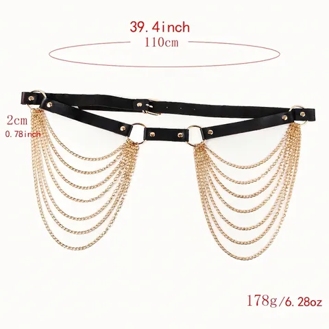 Cintura a Catena in Pelle PU Punk Gothic per Donna Catena del Corpo Sexy con Frange a Nappine in Metallo Multistrato Fibbia Regolabile Accessorio Moda