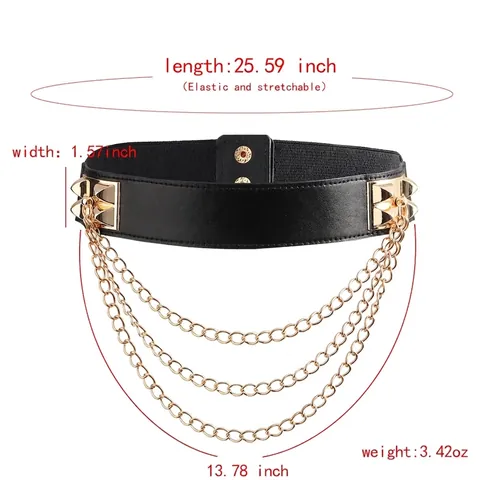 Women Fashion Corset Belt Elastic PU Leather Waistband Multi Layer Gold Chain Pyramid Rivet Punk Style Waist Cincher