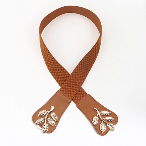 Cinturón Elástico Para Mujer Hebilla De Hoja De Aleación Dorada Cuero Sintético Cinturón Ajustable Para Vestidos Moda Simple