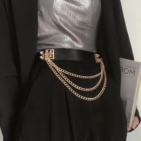 Women Fashion Corset Belt Elastic PU Leather Waistband Multi Layer Gold Chain Pyramid Rivet Punk Style Waist Cincher
