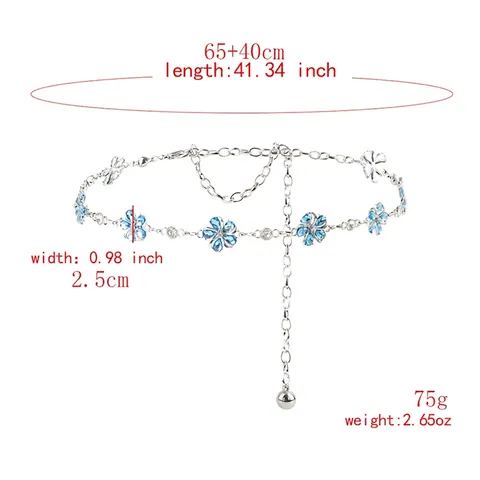 Mode Blauwe Bloem Kristal Strass Tailleketting Legering Metalen Buikketting Voor Dames Jurken Broeken Riem Sieraden Accessoire