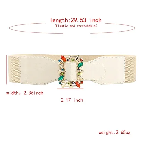 Cintura Elastica Larga da Donna Con Fibbia Quadrata con Strass Colorati Beige Cintura Corsetto Elasticizzata per Abiti Cappotto