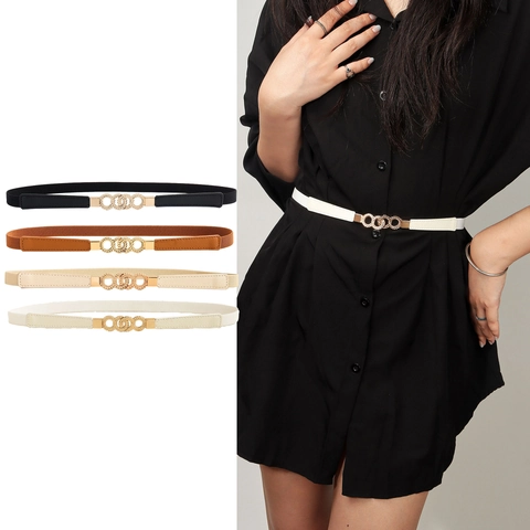 Women Elastic Thin Belt Fashion Waist Cinch Belt With Gold Interlocking Ring Buckle Stretch Waistband For Dresses