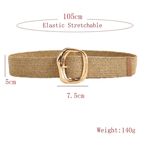 Damen Mode PP Stroh Gewebt Breit Taillengürtel Böhmisch Einfach Metall Schnalle Elastisch Geflochten Dekogürtel Für Kleid Mantel