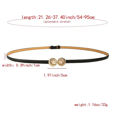 Elegant Women Skinny PU Leather Belt With Artificial Pearl Alloy Buckle Decorative Waist Strap For Dress Suit Shirt