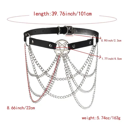 Ceinture de Taille Punk en Cuir PU pour Femmes Avec Chaînes de Corps en Métal Multicouches Boucle Étoile Pentagramme Gland Sexy