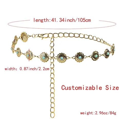 Catena in Vita da Donna in Metallo Vintage Etnico Cintura Boho in Lega con Girasole e Turchese Artificiale per Gioielli Decorativi