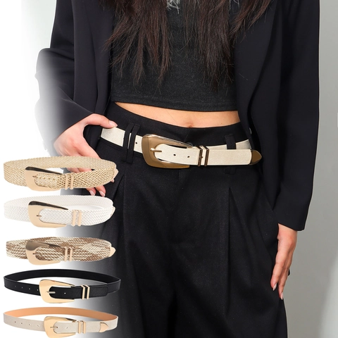 Ceinture Tressée Élastique pour Femmes Mode Tressée en Paille Taille Sceau Avec Boucle en Alliage d'Or Pour Robe Navette Accessoires de Décoration