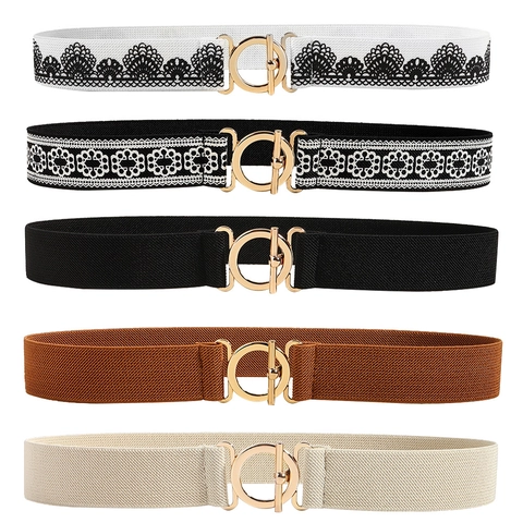 Ceinture Corset Élastique Vintage pour Femmes Bande de Taille Extensible Large Rétro Avec Boucle Ronde en Alliage d'Or