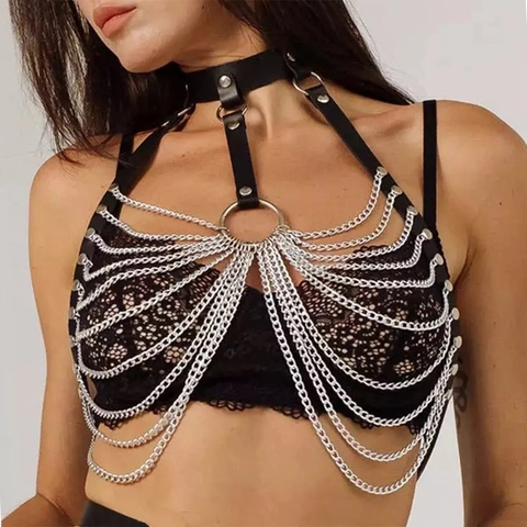 Imbracatura per il Corpo in Pelle PU Nera Gothic Punk da Donna Cintura con Catena in Metallo Multistrato Nappina Gioielli