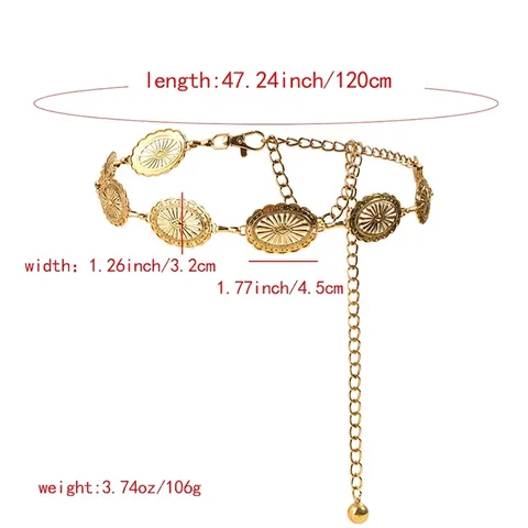 Cintura a Catena in Lega Etnica Vintage per Donna Retro Texture a Sole Ovale Goffrata Catena per la Vita Oro Argento Accessorio
