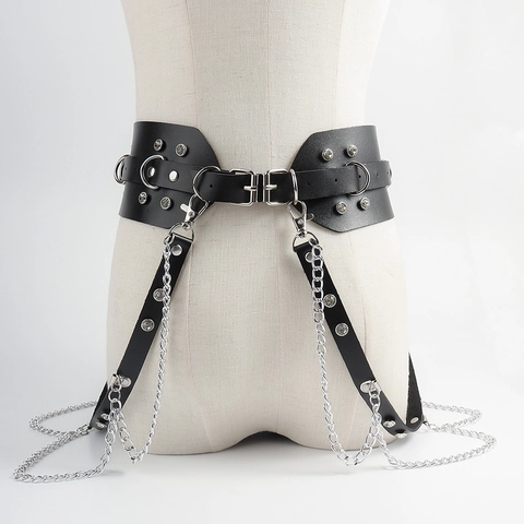 Ceinture Corset Punk Gothique en Cuir PU pour Femmes Avec Strass Chaînes en Alliage Rivets Taille Sexy Harnais de Corps Accessoires de Mode Effet Vieilli