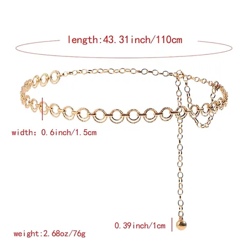 Cintura a Catena in Metallo da Donna Anelli Tondi Cavi Regolabili Stile Punk Catena per Abiti Streetwear Oro Argento