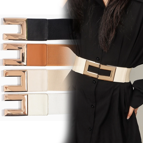 Cinturón de Corsé Elástico Ancho Vintage para Mujer Con Hebilla de Aleación de Oro Rectangular Cintura Elástica de Color Sólido para Vestido Abrigo