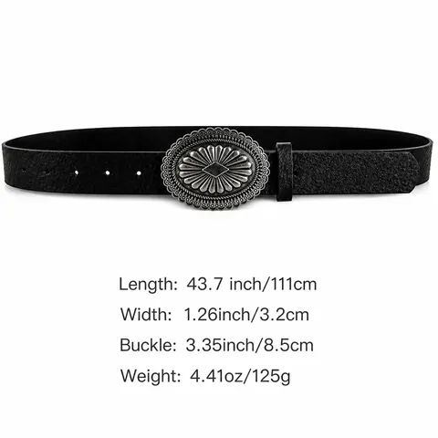 Women's Retro PU Leather Belt With Large Oval Sunflower Metal Buckle Bohemian Western Style Decorative Waist Belt For Jeans Casual Accessory