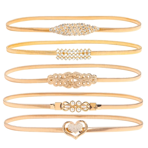 Cintura a Catena in Metallo Elastico da Donna Per Abiti Fibbia di Lusso in Strass Perle Artificiali Oro Argento Accessori da Vita