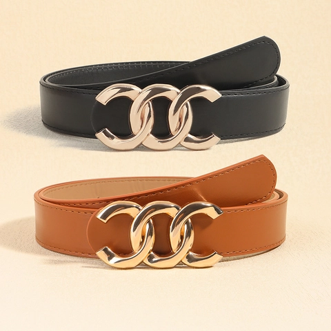 Damen Mode PU Leder Gürtel Mit Dreifach Ineinandergreifenden Legierung Ring Schnalle Eleganter Einfarbiger Gürtel Für Den Alltag